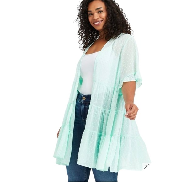 Torrid womens Clip Dot Ruffle Kimono - Green size L/12 - Picture 1 of 8